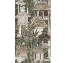 Non-woven tapet med asiatiska tempel, pagoder och paviljonger mitt i ett tätt landskap av tropiska palmer.