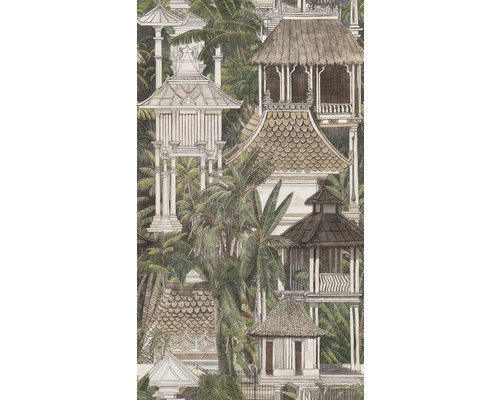 Non-woven tapet med asiatiska tempel, pagoder och paviljonger mitt i ett tätt landskap av tropiska palmer.
