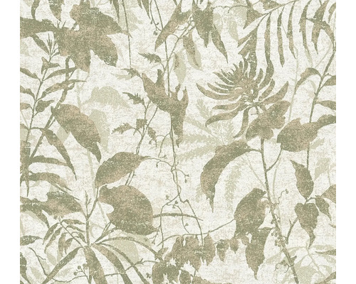 Tapet med botaniskt mönster av blad och blommor med strukturerad yta.