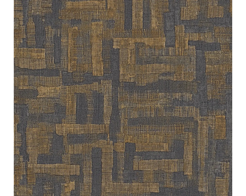 Non-woven tapet med abstrakt geometriskt mönster i guld och grått med linnestruktur.