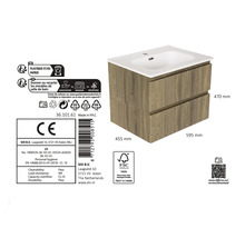 Tvättställsskåp trädekor, två lådor, vitt tvättställ, trä från hållbart skogsbruk, 595 gånger 455 gånger 470 millimeter.