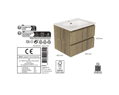 Tvättställsskåp trädekor, två lådor, vitt tvättställ, trä från hållbart skogsbruk, 595 gånger 455 gånger 470 millimeter.