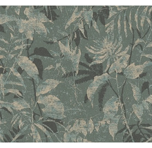 Tapet med botaniskt bladsmönster i mörkgrönt och strukturerad design.