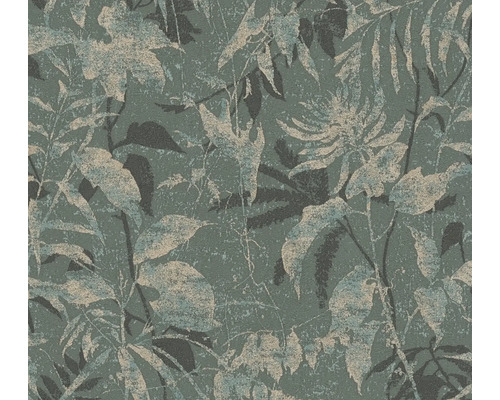 Tapet med botaniskt bladsmönster i mörkgrönt och strukturerad design.
