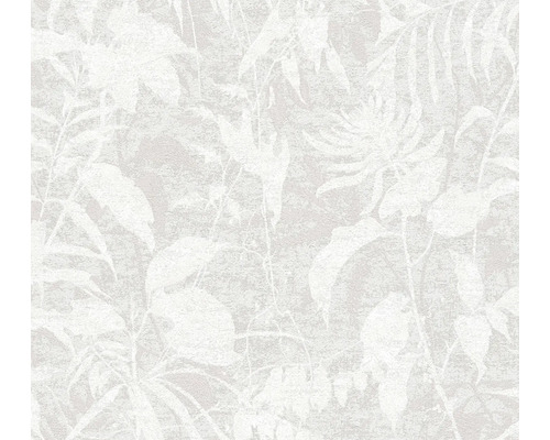 Non-woven tapet med floralt bladmöster och strukturerad yta i ljus stenlook.