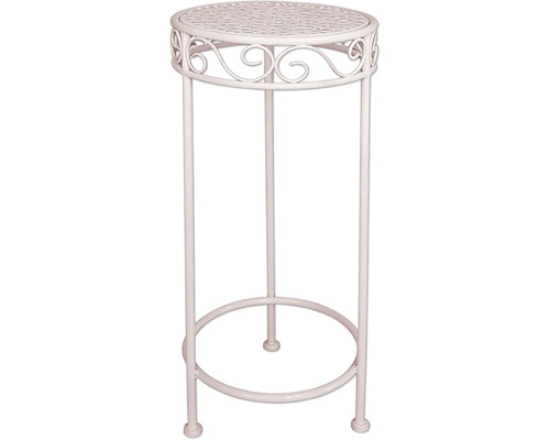 Rund ljusrosa blompall i metall med dekorativa ornament längs kanten och perforerad yta.