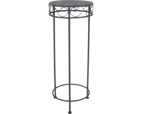 Hög blompall i mörk metall med en rund, dekorativt mönstrad avställningsyta.
