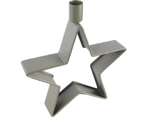 Grön stjärnformad ljusstake av räfflad metall med ljushållare upptill.