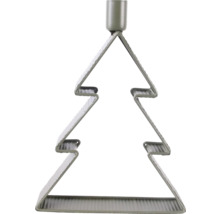 Ljusstake i metall formad som en julgran i olivgrönt med en cylindrisk ljushållare upptill.