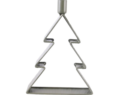 Ljusstake i metall formad som en julgran i olivgrönt med en cylindrisk ljushållare upptill.