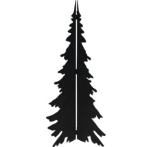 Svart julgranssiluett i metall, tvådelad och fällbar för trädgårdsdekoration.