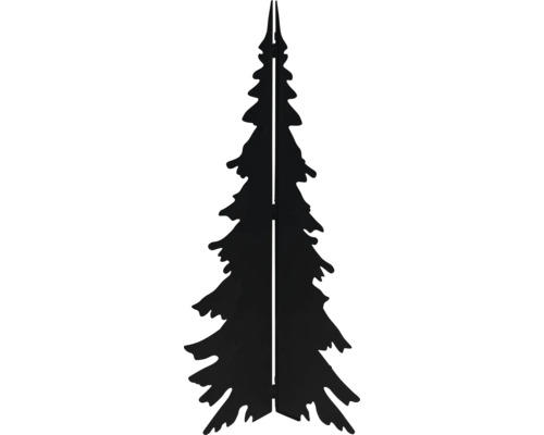 Svart julgranssiluett i metall, tvådelad och fällbar för trädgårdsdekoration.