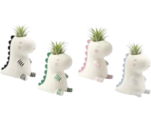 Fyra dekorativa blomkrukor i keramik formade som dinosaurier med Tillandsia luftväxter.
