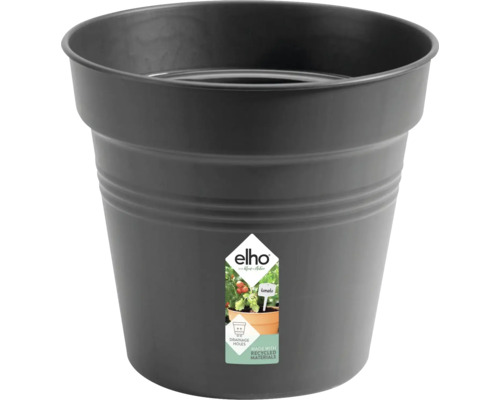 Rund blomkruka från Elho tillverkad av återvunnen plast med dräneringshål för trädgården