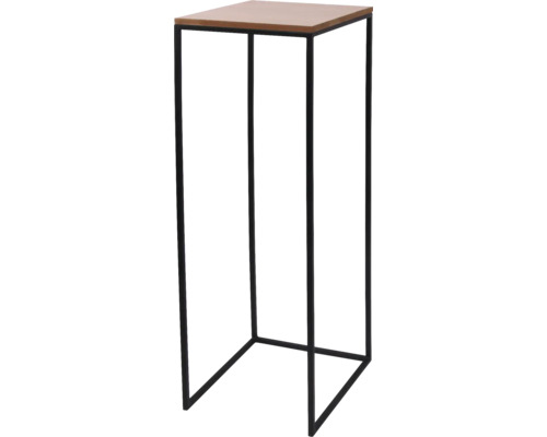 Modernt blombord med svart metallställ och träskiva.