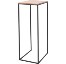 Modern blompiedestal med svart metallstomme och kvadratisk toppskiva i trädekor.