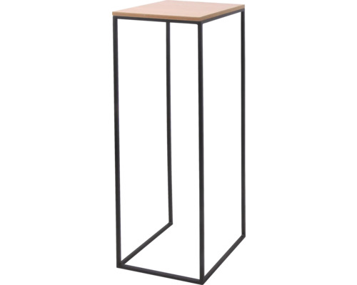 Modern blompiedestal med svart metallstomme och kvadratisk toppskiva i trädekor.