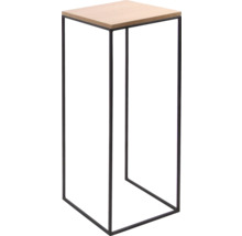 Modernt växtställ med kvadratisk träskiva och svart metallram.