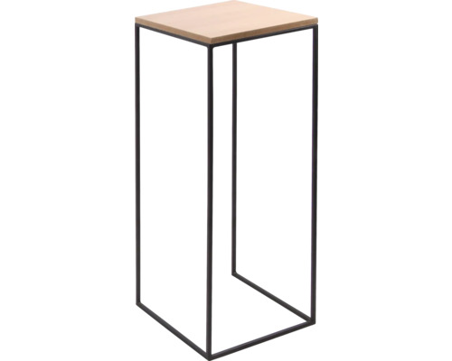 Modernt växtställ med kvadratisk träskiva och svart metallram.