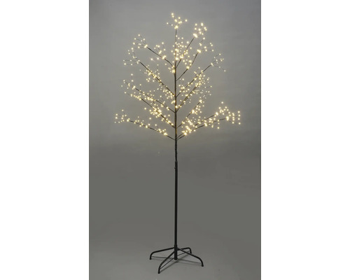Dekorativt LED-ljusträd med varmvitt sken och svart metallstativ.