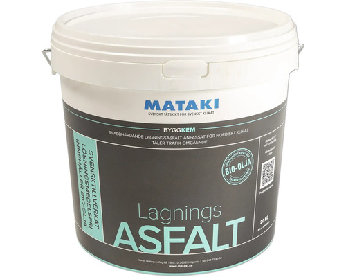 Mataki Lagningsasfalt för nordiskt klimat i 20 kilogram hink. Lösningsmedelsfri kallasfalt med bio-olja för reparation av vägar.