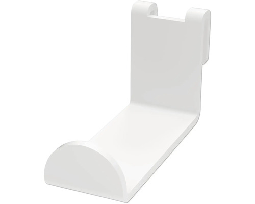 Vit plastkrok för radiator, L-formad med rundad spets.