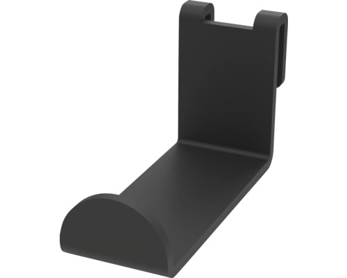 Svart plastkrok för skensystem och väggförvaring.