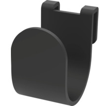 Svart plastkrok i U-form för upphängning på kanter.