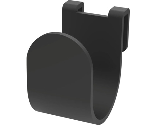 Svart plastkrok i U-form för upphängning på kanter.