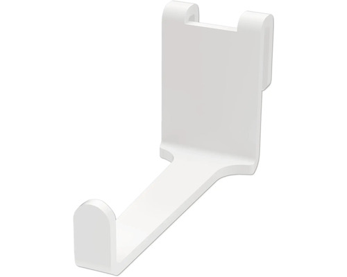 Vit plastkrok för radiator för upphängning av handdukar.