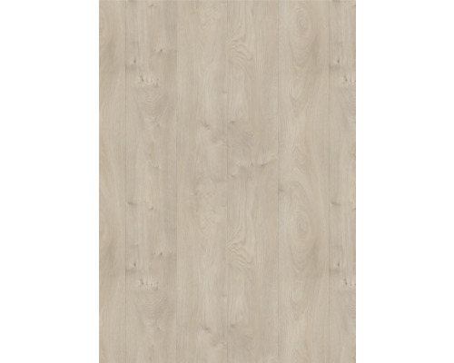 Laminatgolv i ljus träimitation med ådring och kvistar.