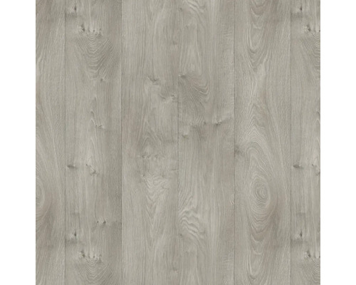 Laminatgolv i trädekor ljusgrå med ådring och kvistar.