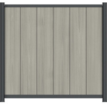 Staketpanel av träplastkomposit med vertikala grå brädor i trälook och mörkgrå metallram.