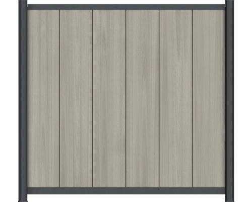 Staketpanel av träplastkomposit med vertikala grå brädor i trälook och mörkgrå metallram.