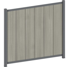 WPC-insynsskydd med vertikala lameller i trälook och antracitfärgad aluminiumram.
