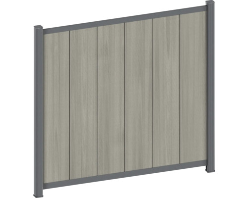 WPC-insynsskydd med vertikala lameller i trälook och antracitfärgad aluminiumram.