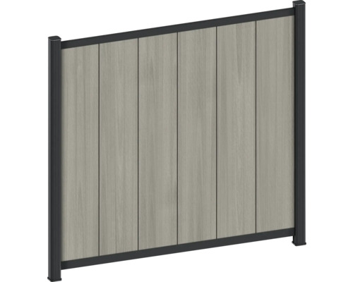 Insynsskyddande staketpanel med vertikala brädor i trälook och svart metallram.
