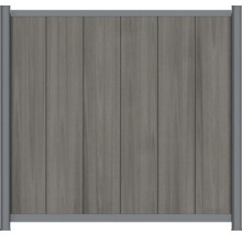 Grå insynsskyddande stängselpanel med vertikala lameller av trä-plast-komposit och aluminiumram.