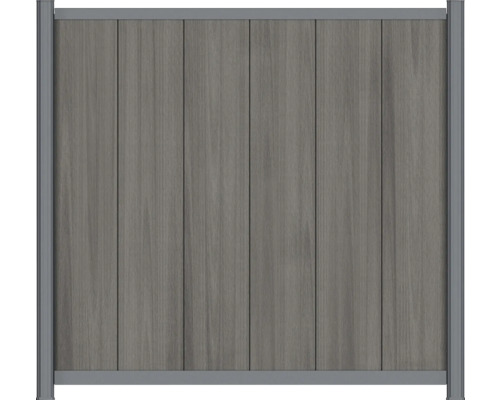 Grå insynsskyddande stängselpanel med vertikala lameller av trä-plast-komposit och aluminiumram.
