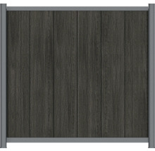 Staketpanel av träkomposit med trästruktur och aluminiumram i antracit