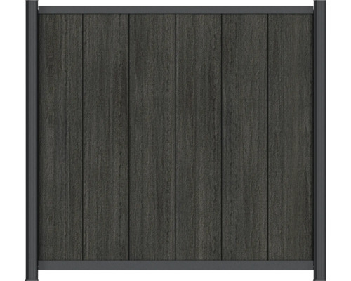 Insynsskydd av WPC med vertikala lameller och antracitfärgad aluminiumram.