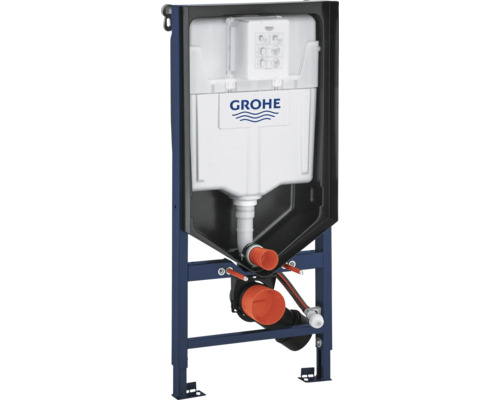 Grohe fixtur för vägghängd toalett med inbyggd spolcistern, metallram och Grohe Logo.