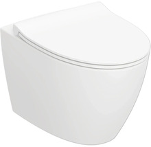 Vägghängd toalettstol i vit keramik med stängt lock.