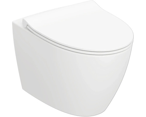 Vägghängd toalettstol i vit keramik med stängt lock.