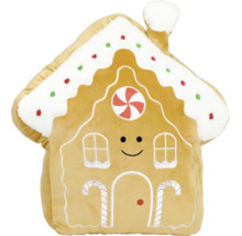 Mjuk plyschkudde i form av ett pepparkakshus med ett leende ansikte och dekorativa broderier.