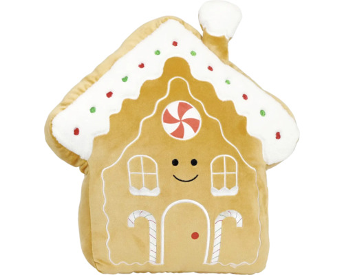 Mjuk plyschkudde i form av ett pepparkakshus med ett leende ansikte och dekorativa broderier.