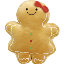 Plyschkudde i form av en pepparkaksgubbe med röd rosett, ansikte och dekorerade kanter.