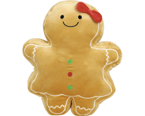 Plyschkudde i form av en pepparkaksgubbe med röd rosett, ansikte och dekorerade kanter.