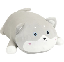 Gosedjur hund Shiba Inu av mjukt grå-vitt material i rund kuddform.
