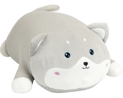 Gosedjur hund Shiba Inu av mjukt grå-vitt material i rund kuddform.